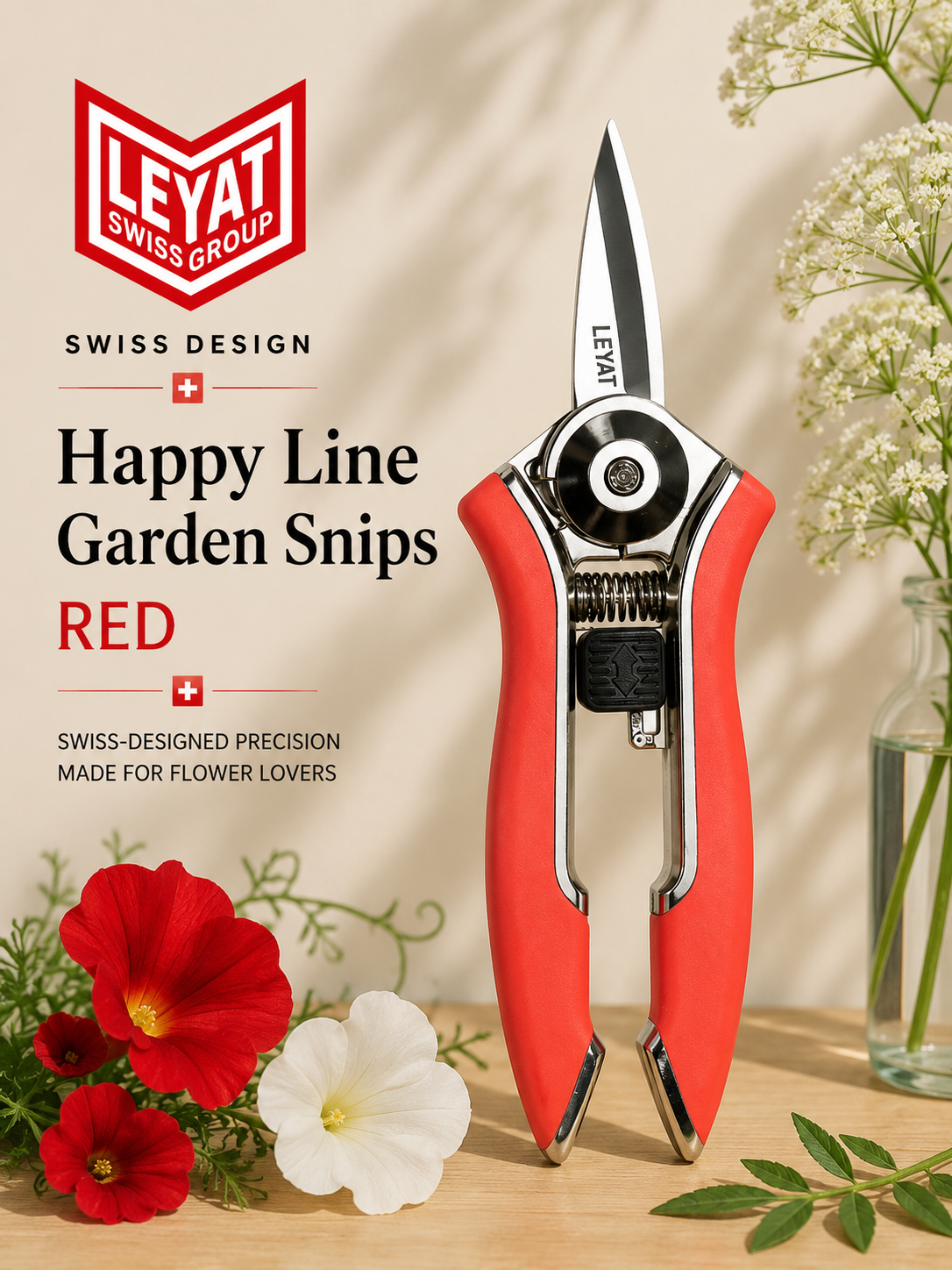 Leyat Happy Line Garden Snips in red, shown standing upright on a wooden surface with gardening flowers around it. The brand logo and product name are displayed on the left side of the image.