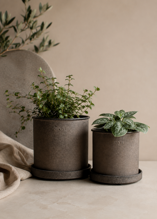 DBKD Plant Pot Small, Set of 2, Brown | Scandinavian Metal Plant Pots with Matching Saucers DBKD