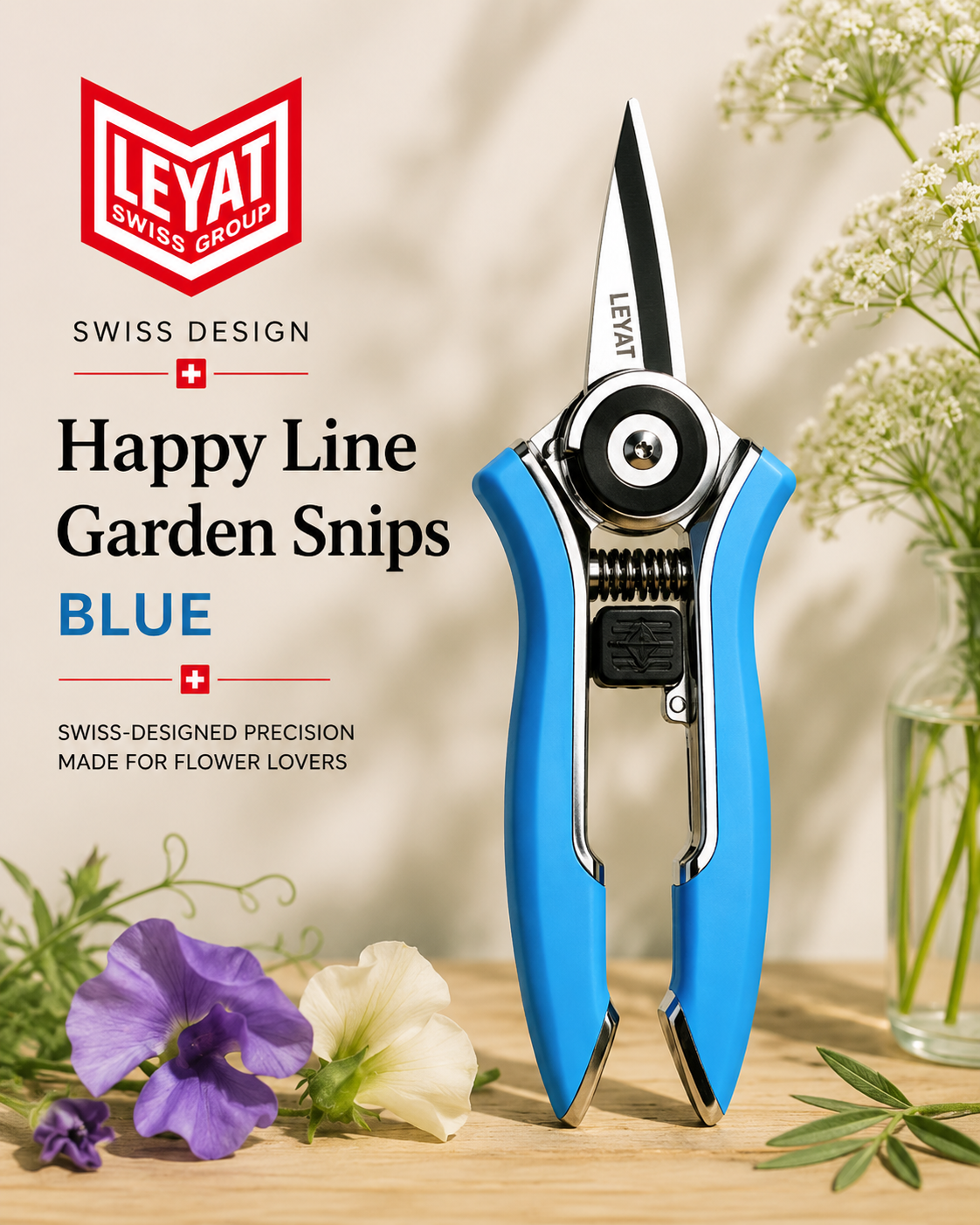 Leyat Happy Line Garden Snips in blue, shown in a styled product shot with flowers and a wooden surface. The left side features product text and the red Leyat logo.